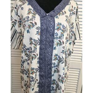 Peasant Short Sleeve Floral Crochet Striped Top COTTAGECORE XL Blue Lightweight